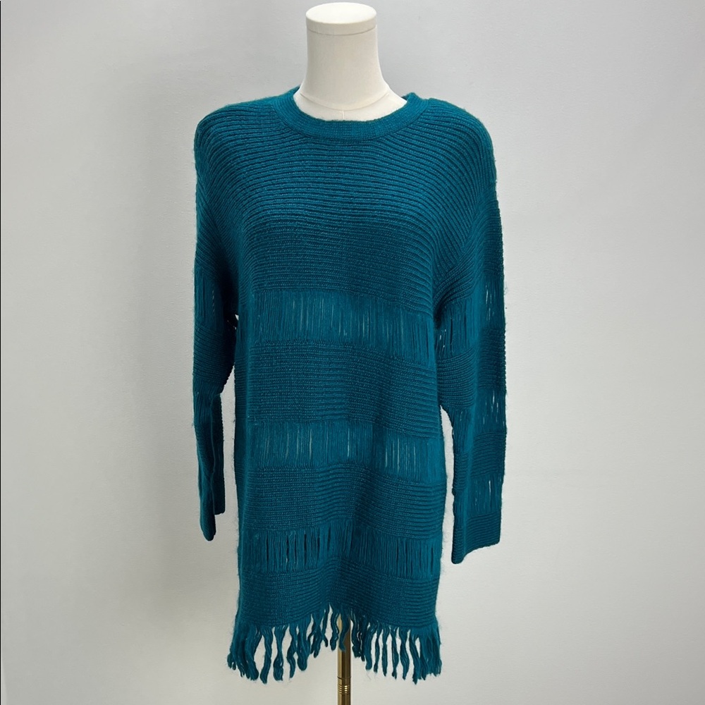 Vintage Andrea Jovine Pure Wool Fringe Sweater Dress Blue XS Deadstock Western